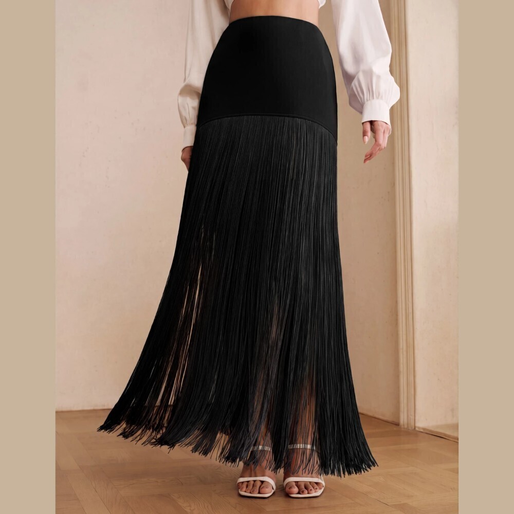Black Fitted Waist Head-to-Toe Fringe Maxi Skirt